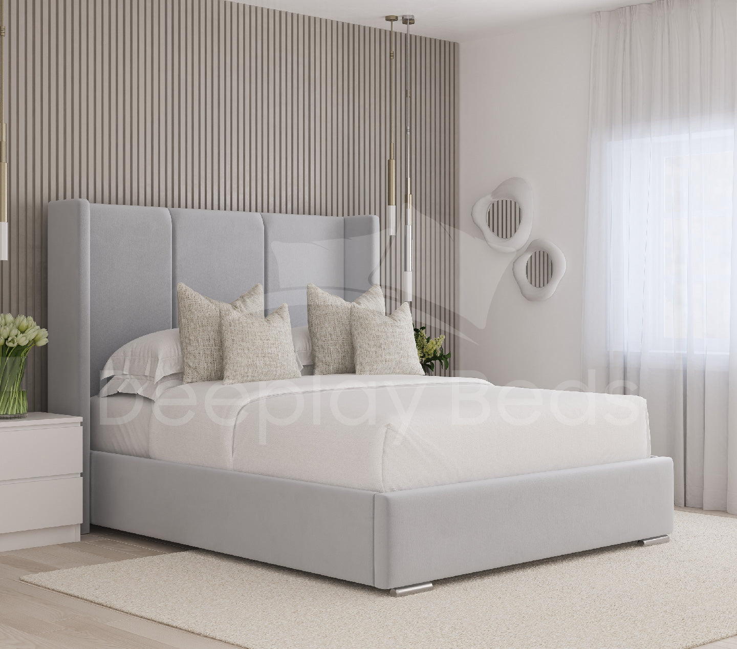 Silver Duke Wingback Upholstered Ottoman Bed with Tall Headboard in a modern bedroom setting, showcasing its elegant design and storage feature.