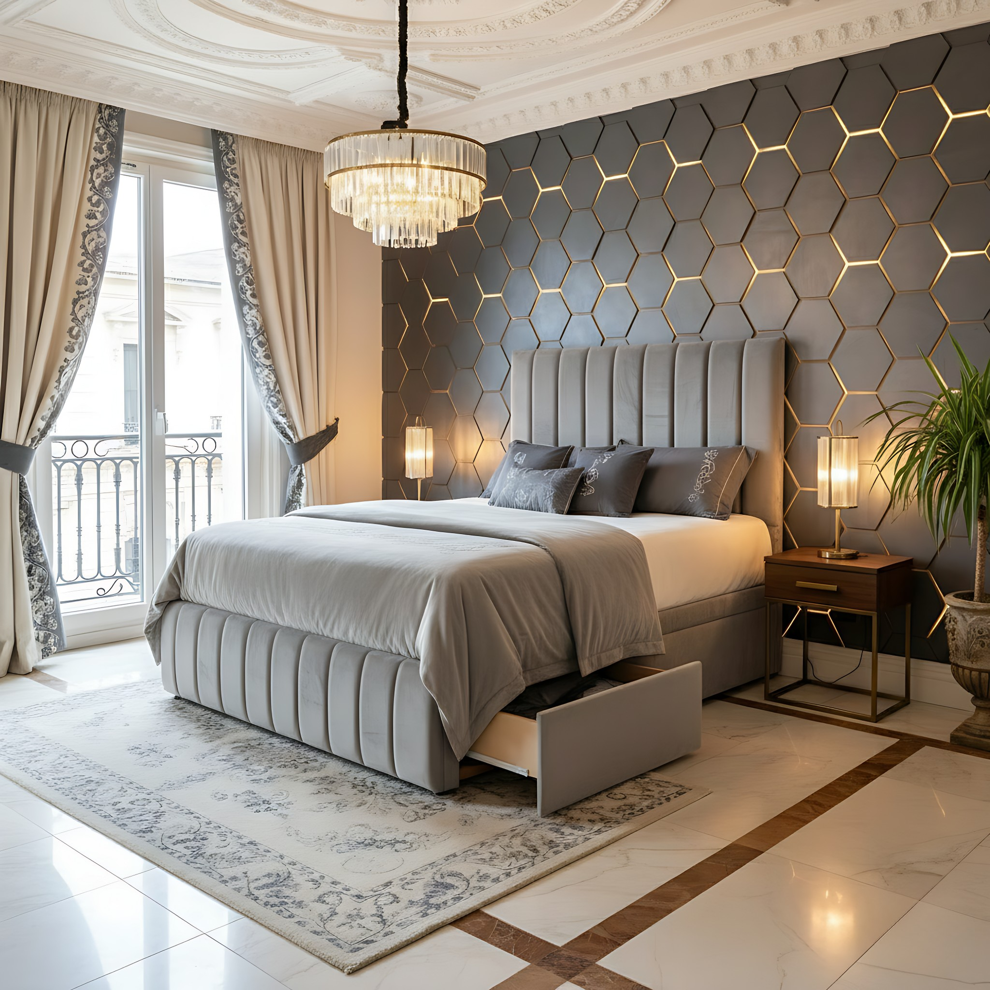 Modern bedroom with hexagonal wall design, chandelier, and large bed.
