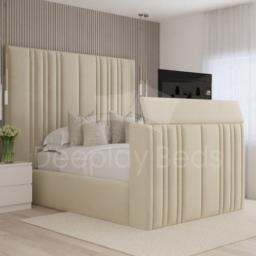 Beige upholstered bed with decorative pillows in a modern bedroom setting.