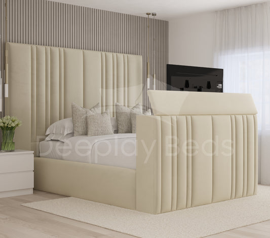 Beige upholstered bed with a matching headboard in a modern bedroom setting.