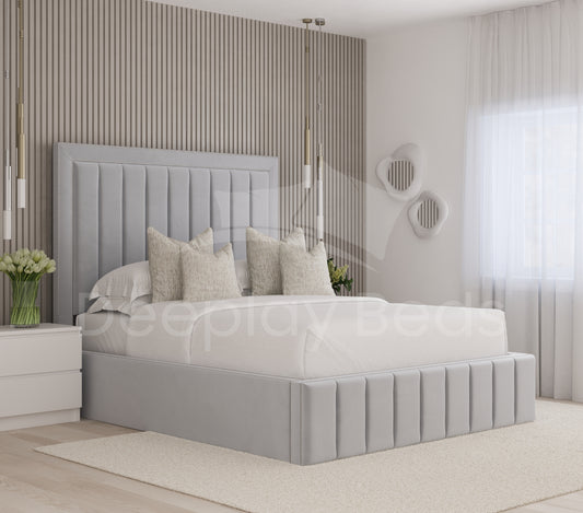 Southampton Panelled High Headboard Storage Bed Frame in silver, featuring a sleek, modern design with elegant paneling and built-in storage for a stylish bedroom.