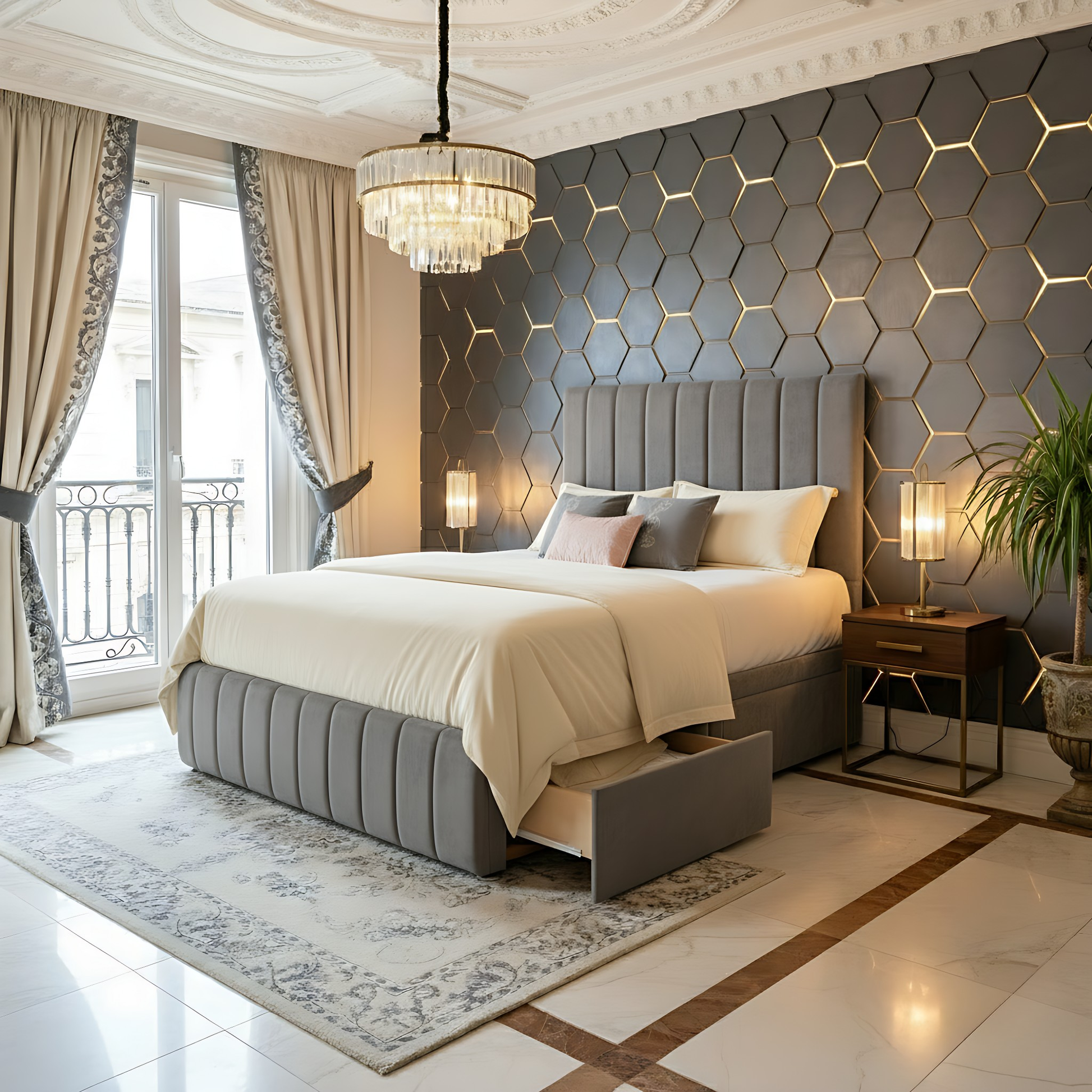 High Headboard Divan Storage Bed with light grey upholstery and under-bed drawers, set in a modern room with geometric wall design.