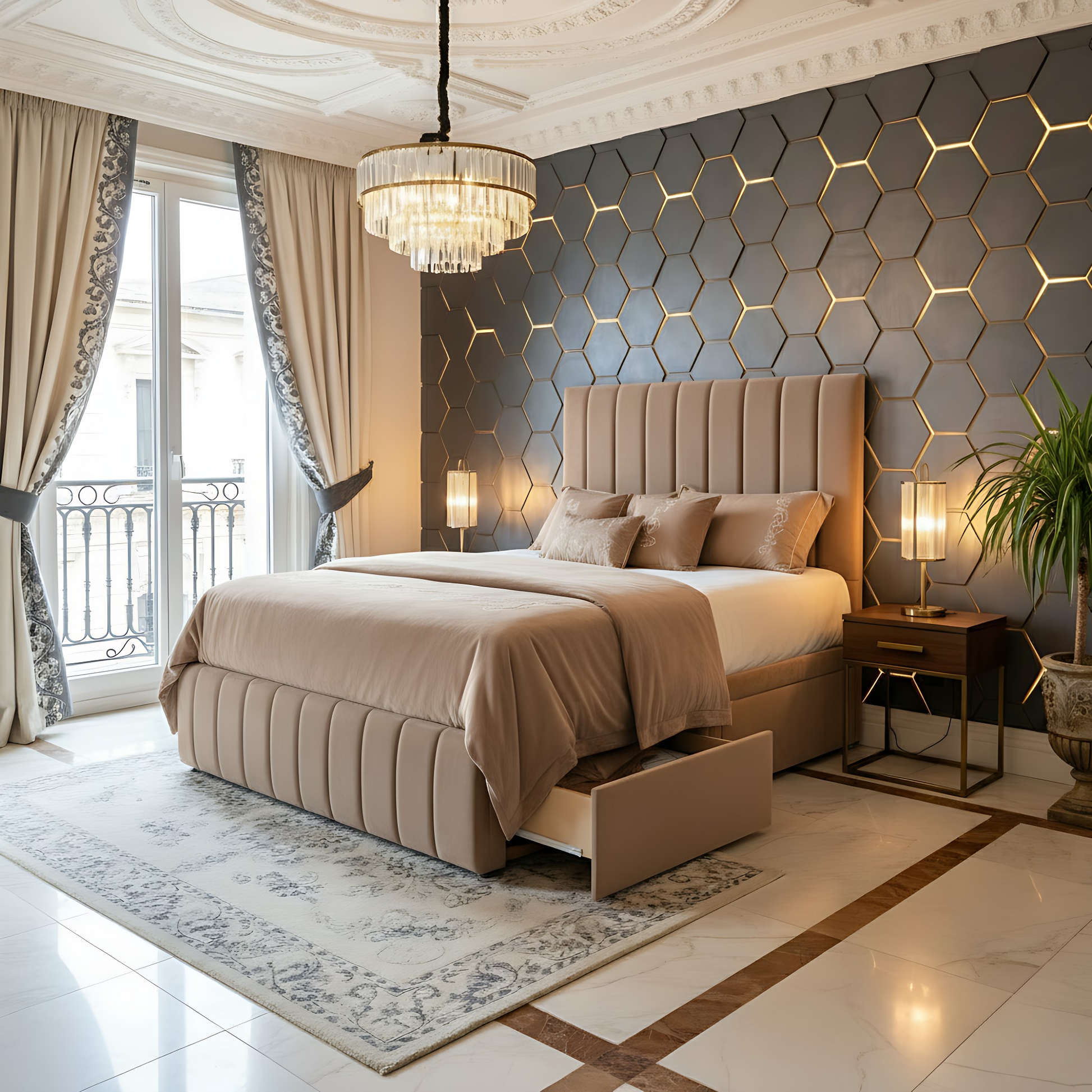 Sydney High Headboard Divan Storage Bed with beige upholstery and storage drawers, set against a geometric accent wall and luxurious lighting.