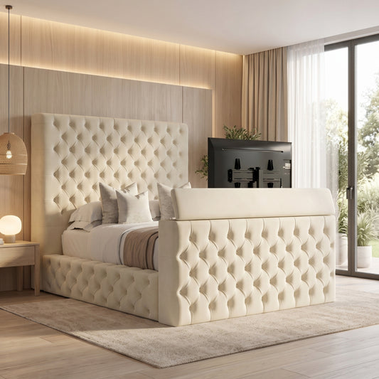 Westminster Chesterfield High Headboard Ottoman Storage TV Bed Frame – Cream