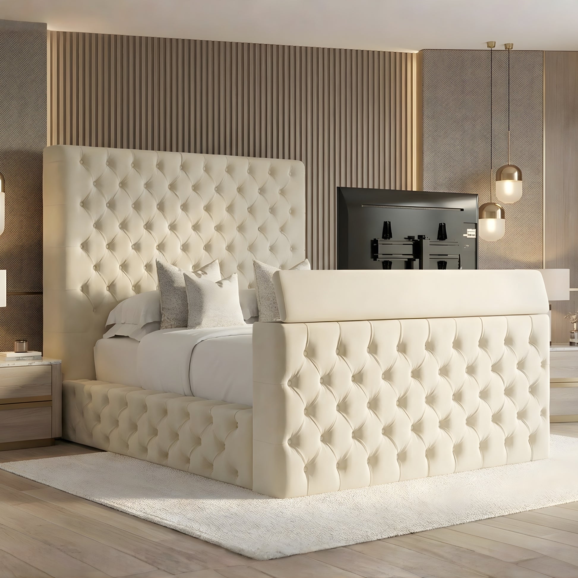 Westminster Chesterfield High Headboard Ottoman Storage TV Bed Frame in cream, featuring luxurious tufted design with TV lift functionality.