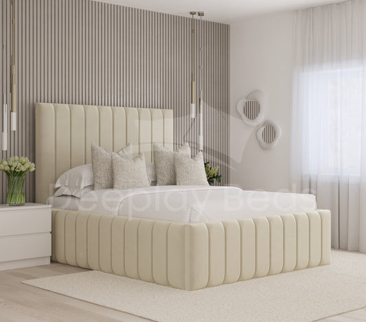 Aberystwyth cream upholstered ottoman storage bed with vertical panelled headboard and soft fabric finish.