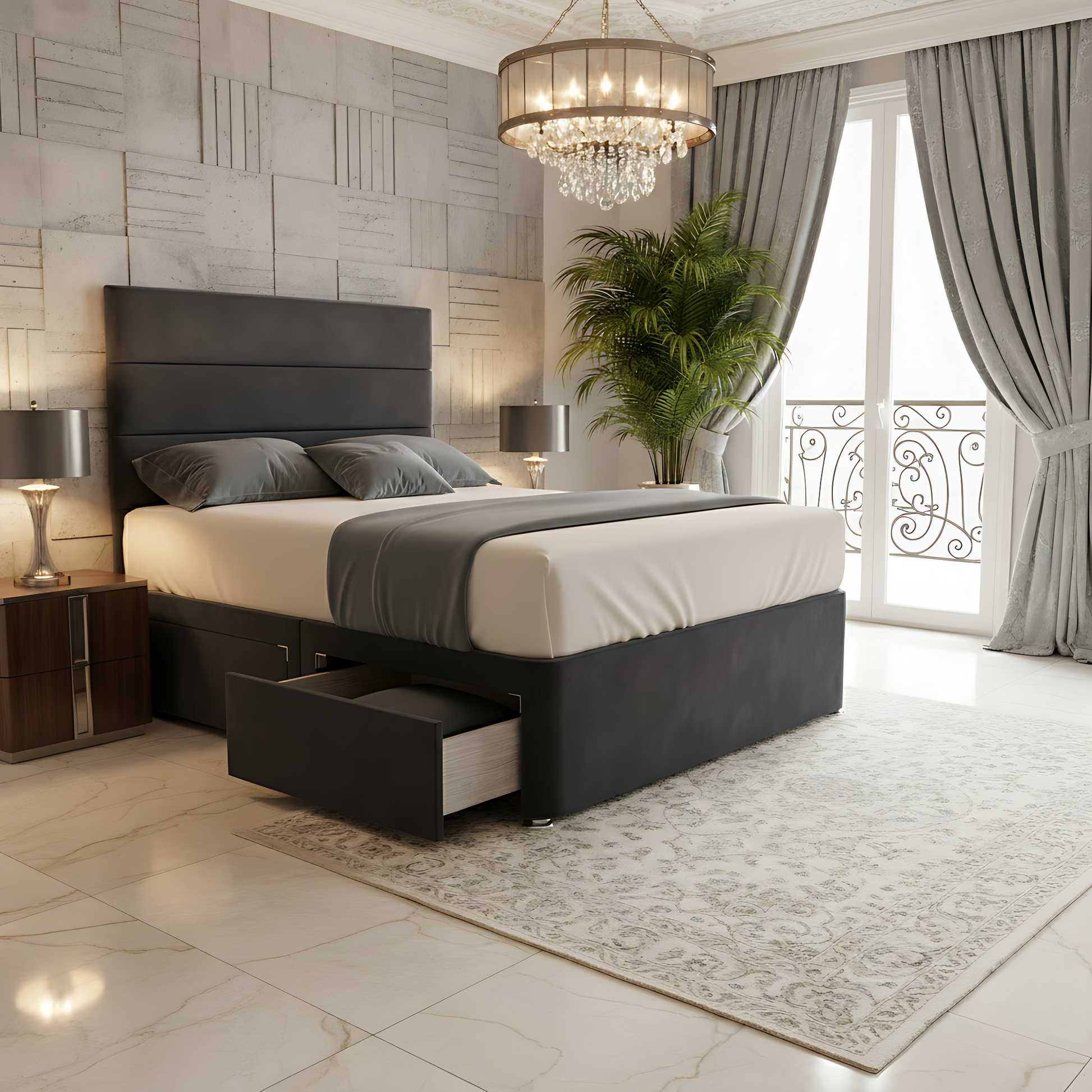 Athens Black high headboard divan storage bed frame with built-in drawers and white bedding in modern bedroom.