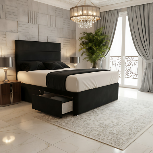 Athens black high headboard divan storage bed frame with built-in drawers and modern interior.