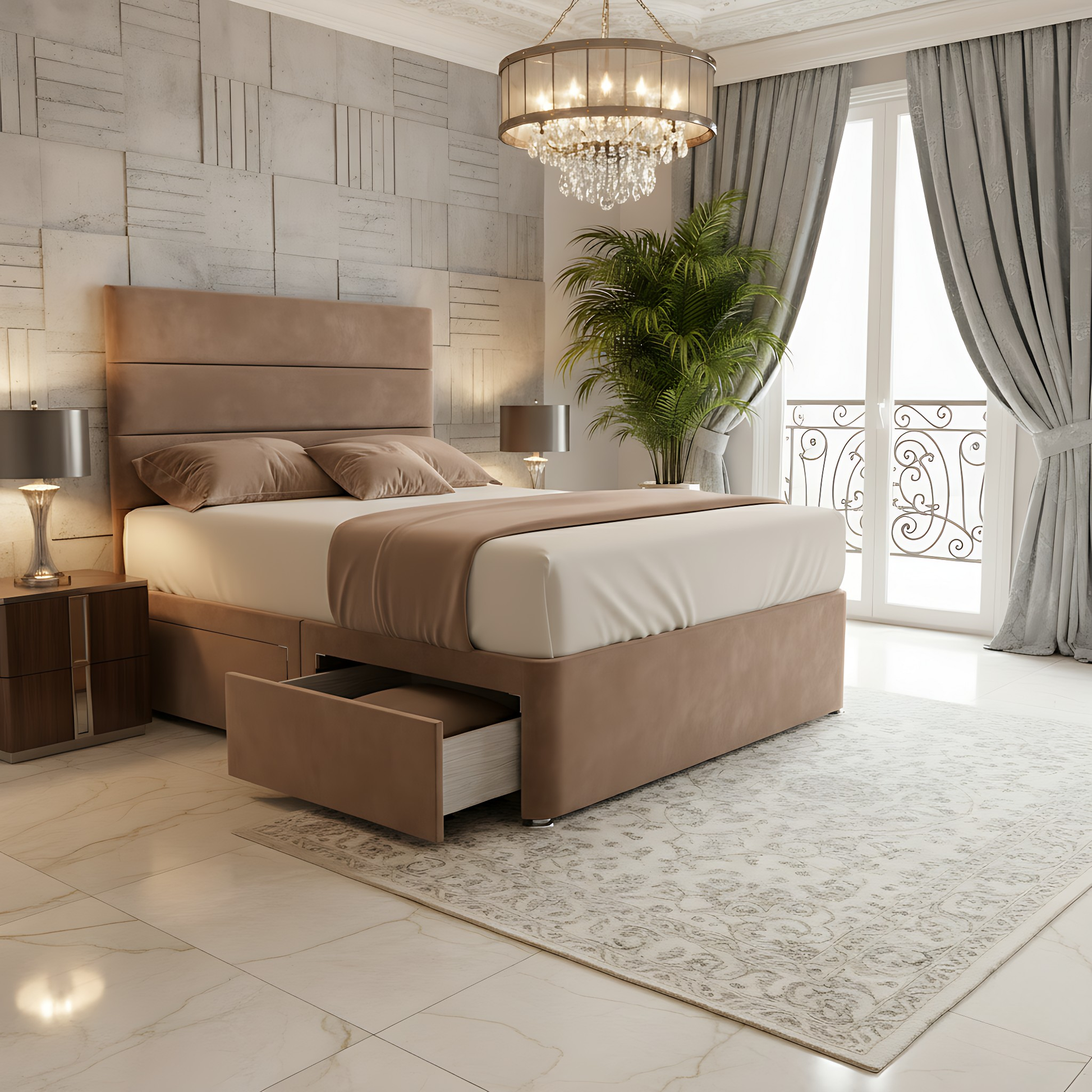 Athens brown high headboard divan storage bed frame with built-in drawers and modern interior.