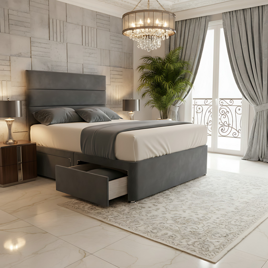 Athens grey high headboard divan storage bed frame with built-in drawers and modern interior.