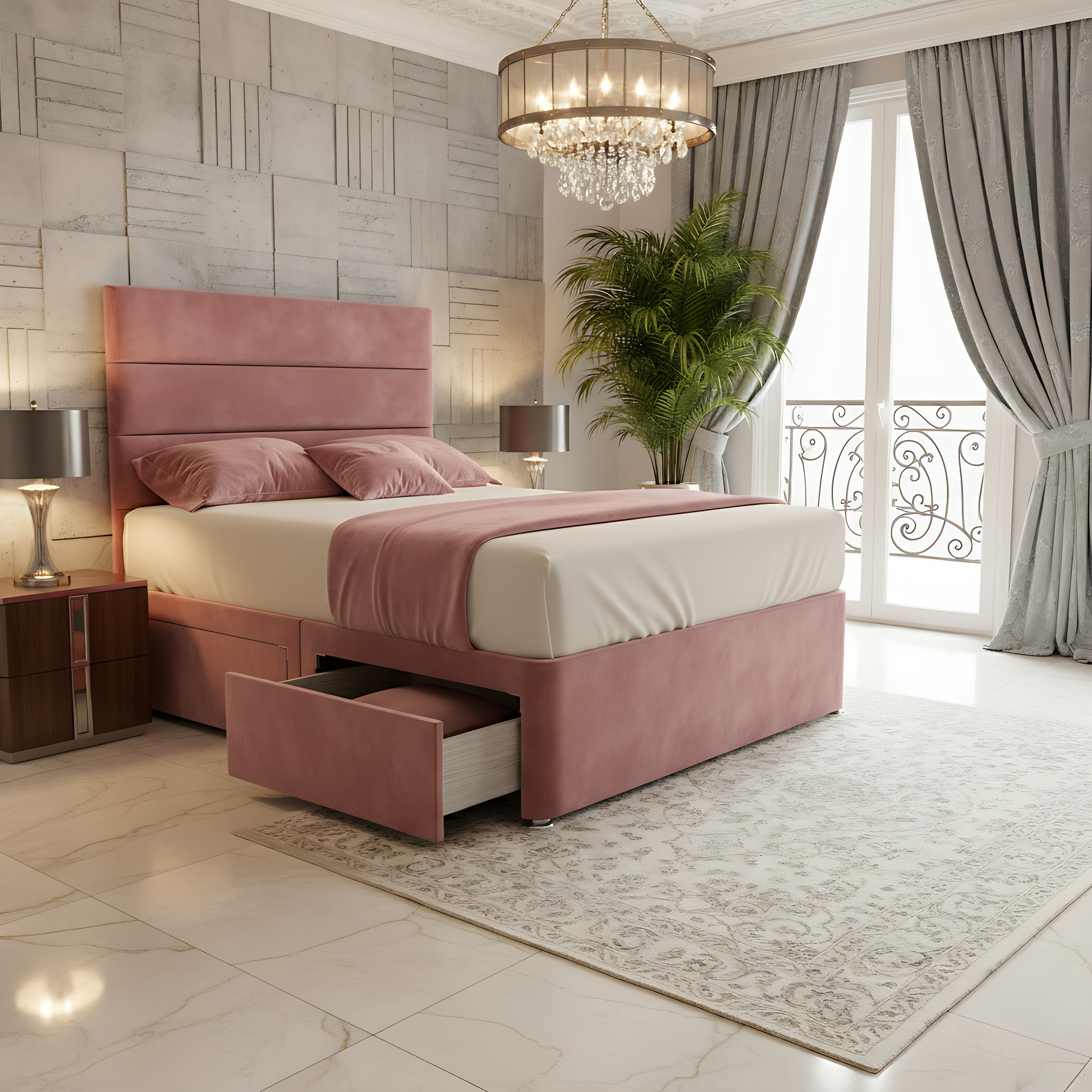 Athens pink high headboard divan storage bed frame with built-in drawers and modern interior.
