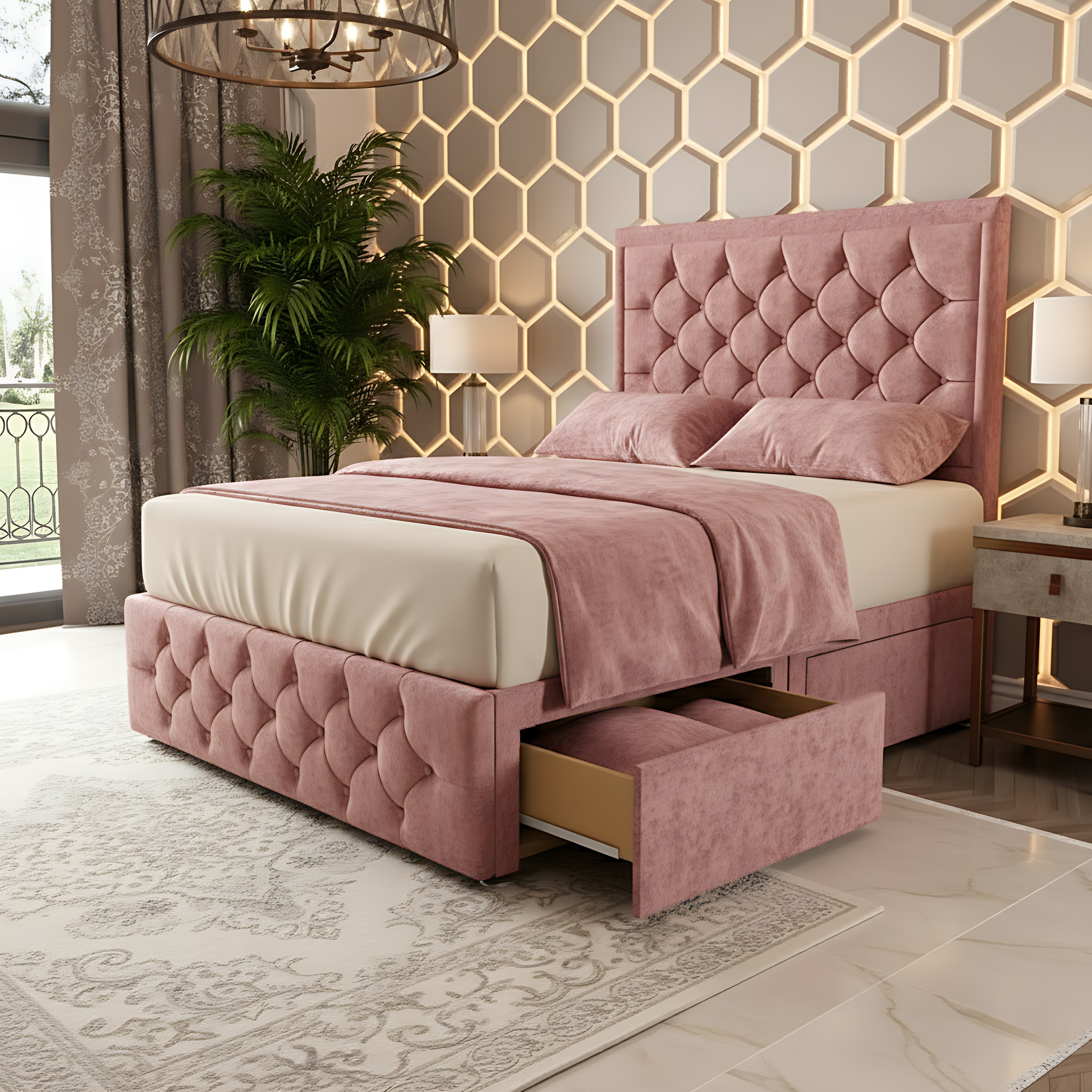 Barcelona blush pink Chesterfield divan storage bed with high panel headboard and pull-out drawer.