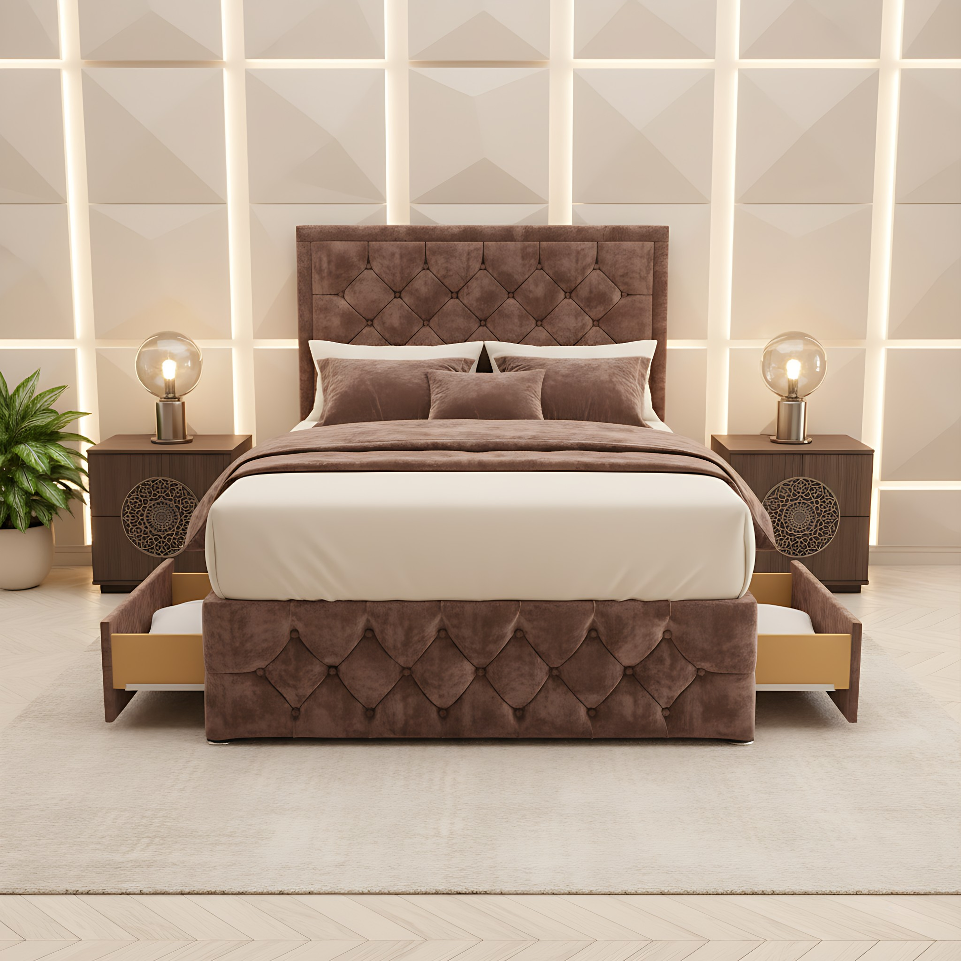 Barcelona brown Chesterfield divan storage bed with high panel headboard and drawer storage in modern bedroom.