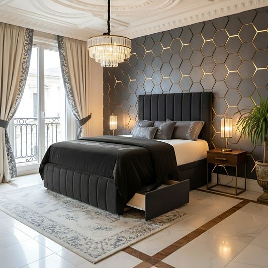Modern bedroom with hexagonal wall design, chandelier, and black bed.