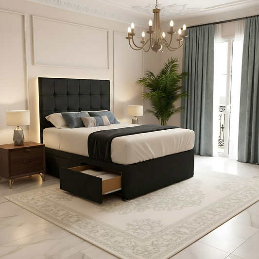 Modern bedroom with a black upholstered bed, nightstands, and a chandelier.