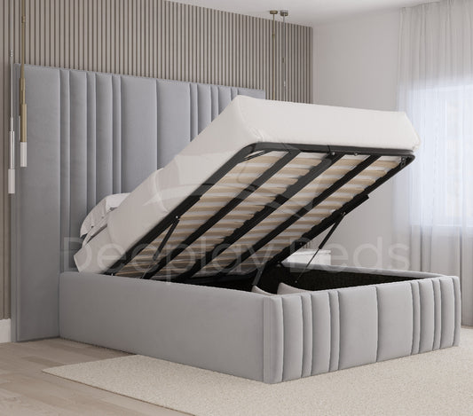 Chester grey tall headboard ottoman storage bed with lift-up base and 18 inch sides open storage.