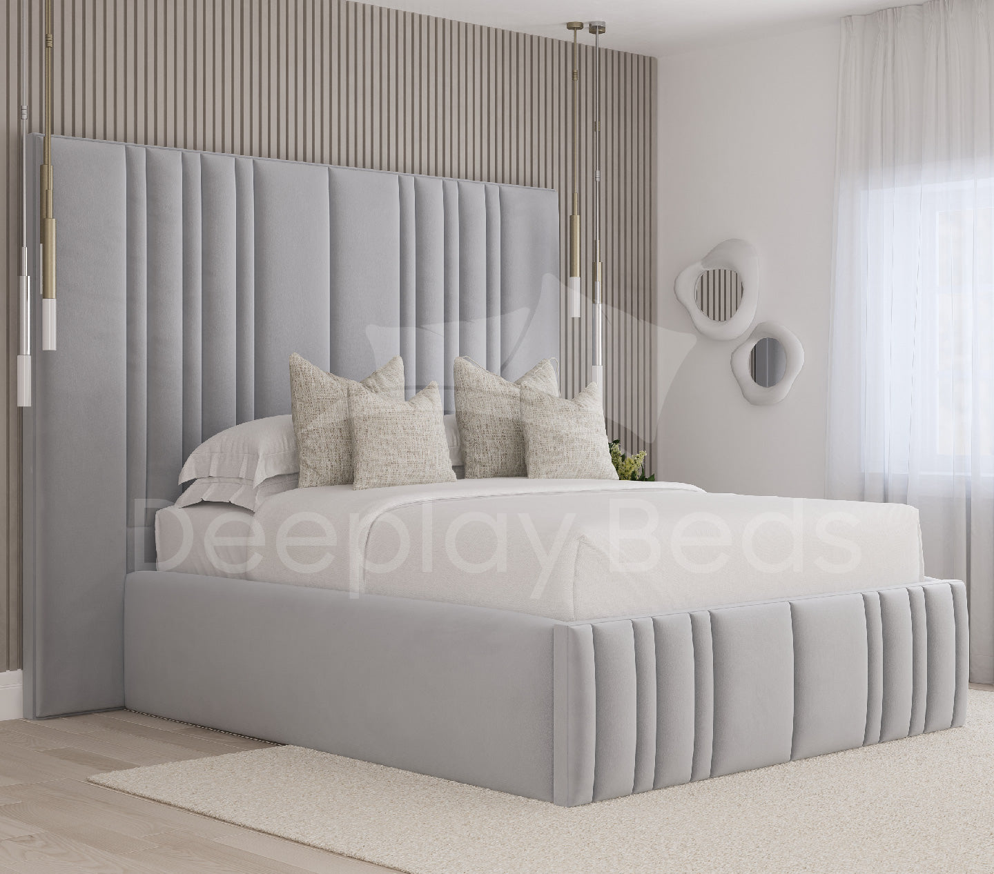 Chester grey tall headboard ottoman storage bed with 18 inch sides and upholstered frame in modern bedroom.