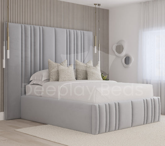 Chester grey tall headboard ottoman storage bed with 18 inch sides and upholstered frame in modern bedroom.