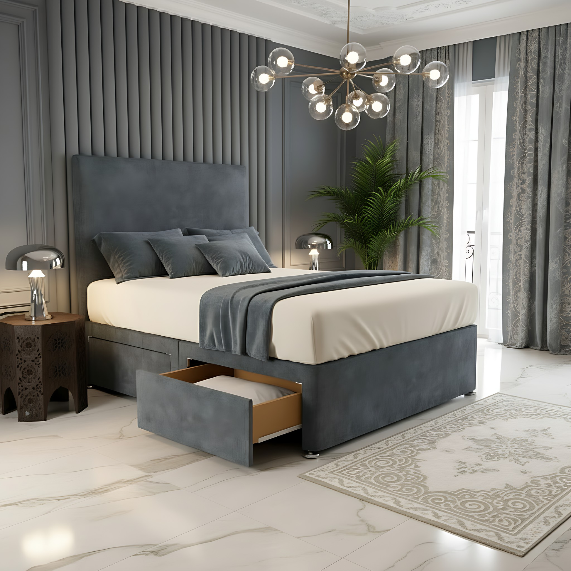 Dakar Blue grey high headboard divan storage bed frame with side drawer storage in modern interior.