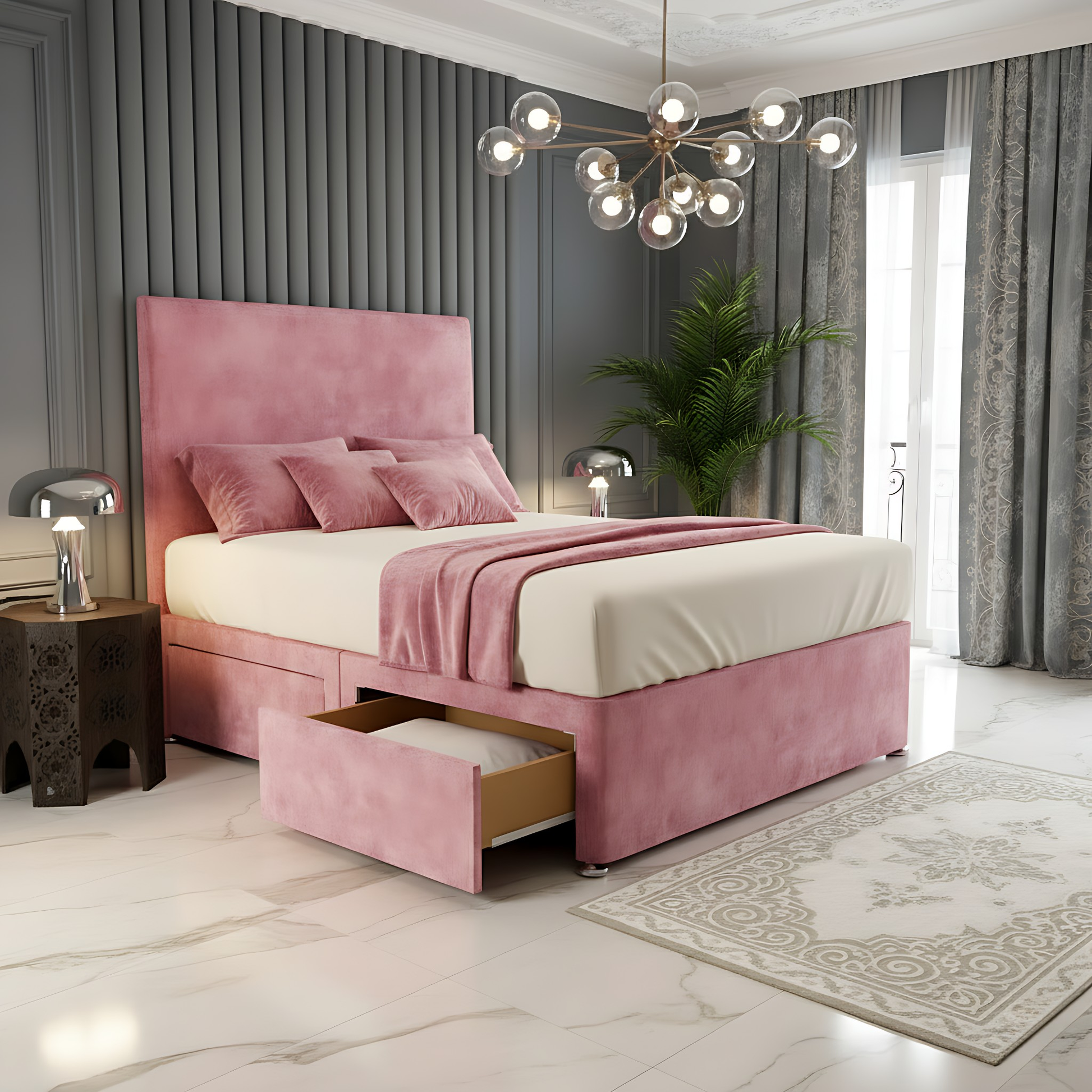 Dakar Blush pink high headboard divan storage bed frame with drawer storage in contemporary bedroom.