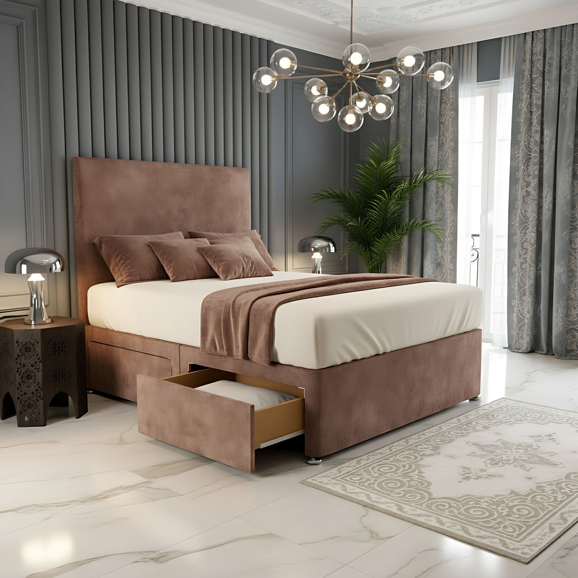 Dakar brown high headboard divan storage bed frame with pull-out drawer storage.