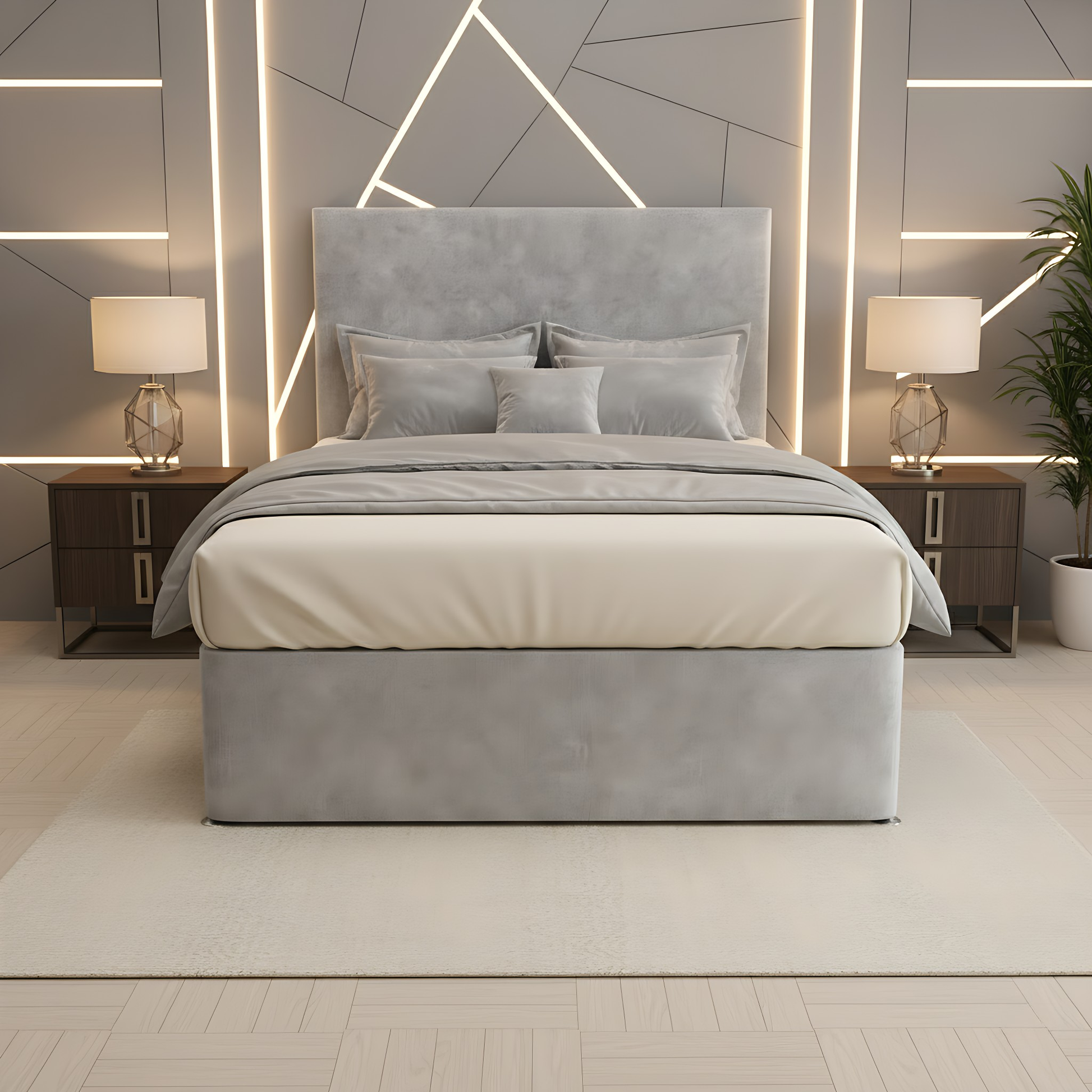 Dakar Light grey high headboard divan storage bed frame with panel headboard and front view styling.