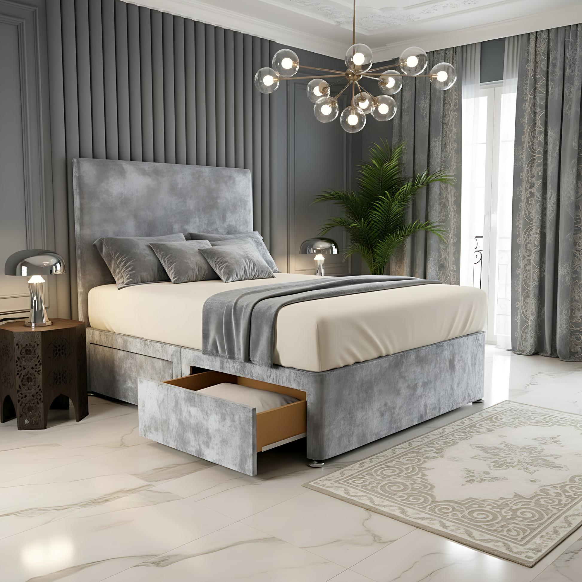 Dakar Silverplush high headboard divan storage bed frame with open drawer compartment and upholstered design.