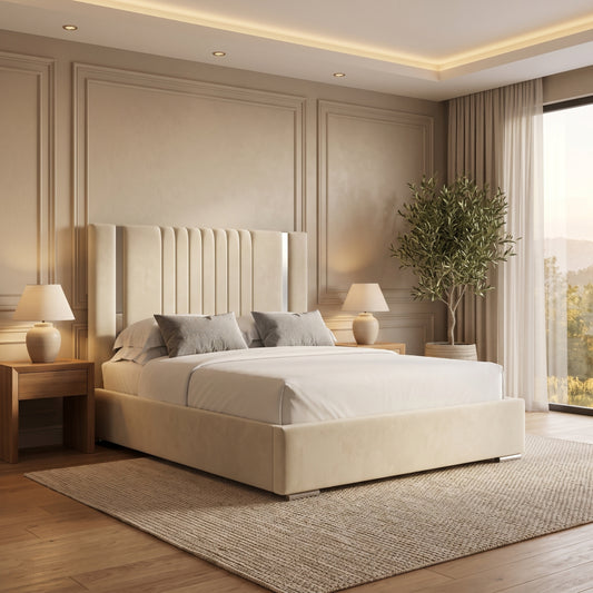 Edge Hill Cream Upholstered Ottoman Storage Bed with Mirror Panel Headboard