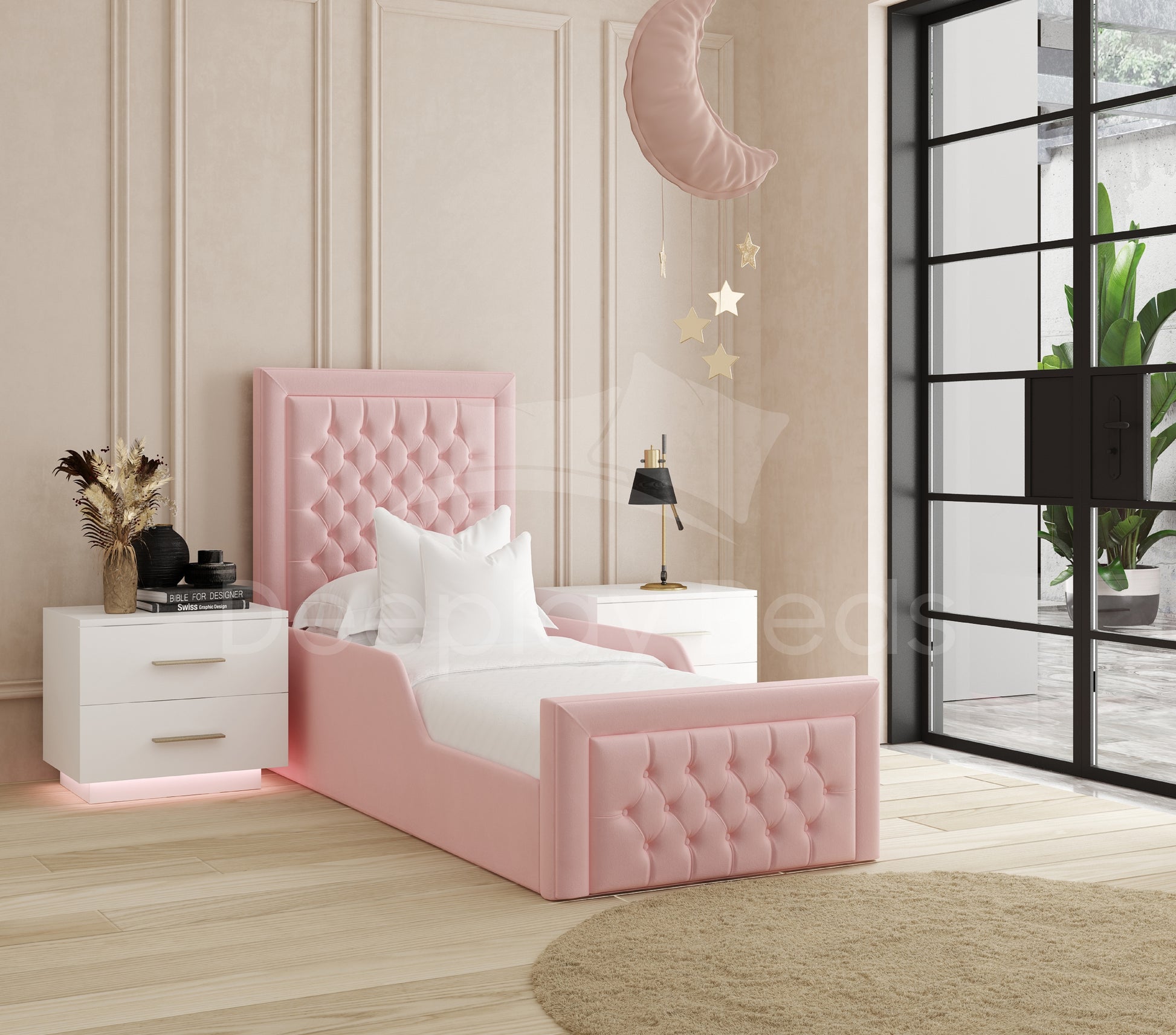 Edmund baby pink chesterfield upholstered kids bed frame with tufted headboard and free 8 inch mattress.