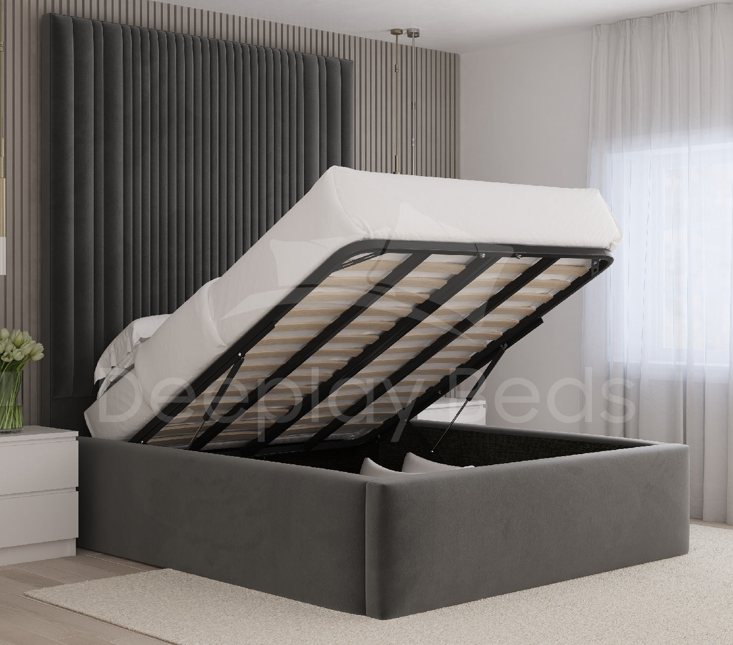 Empire grey upholstered ottoman bed frame with lift up storage and tall panel headboard.
