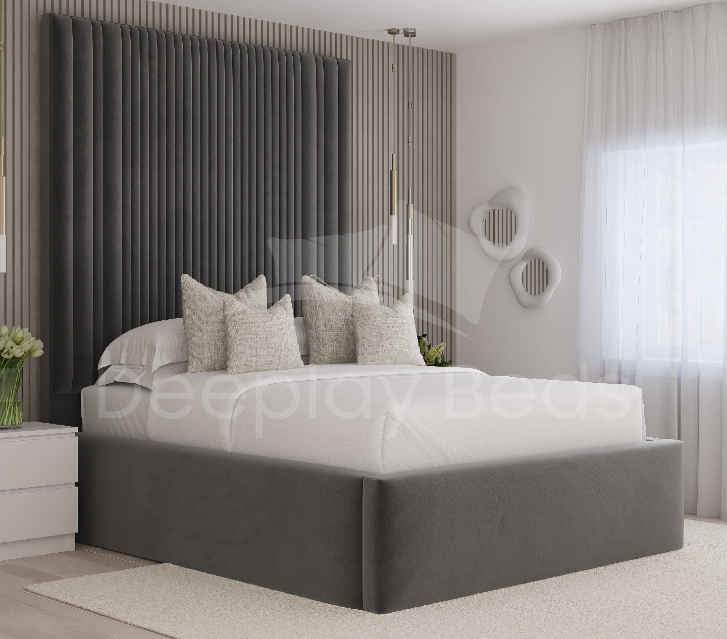 Empire grey upholstered ottoman bed frame with tall panel headboard in modern bedroom.