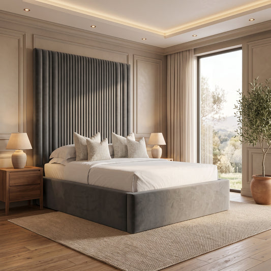 Empire Grey Upholstered Ottoman Bed Frame with Tall Headboard