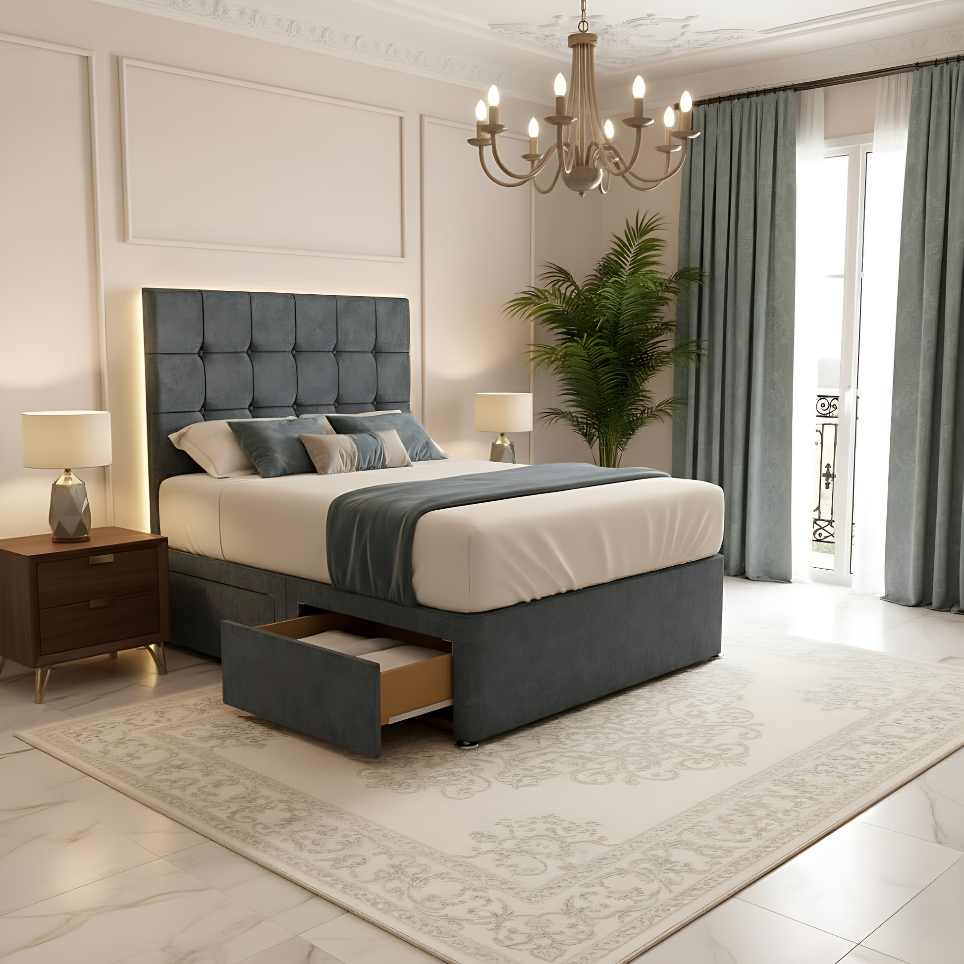 Modern bedroom with a gray upholstered bed, nightstands, and a chandelier.