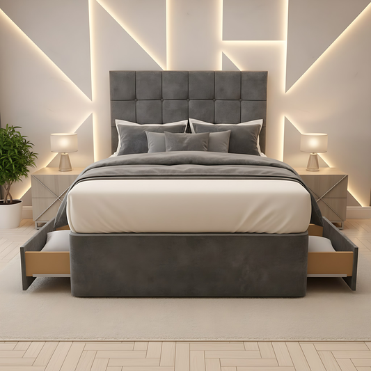 Modern bedroom with a gray upholstered bed, matching headboard, and nightstands with lamps.