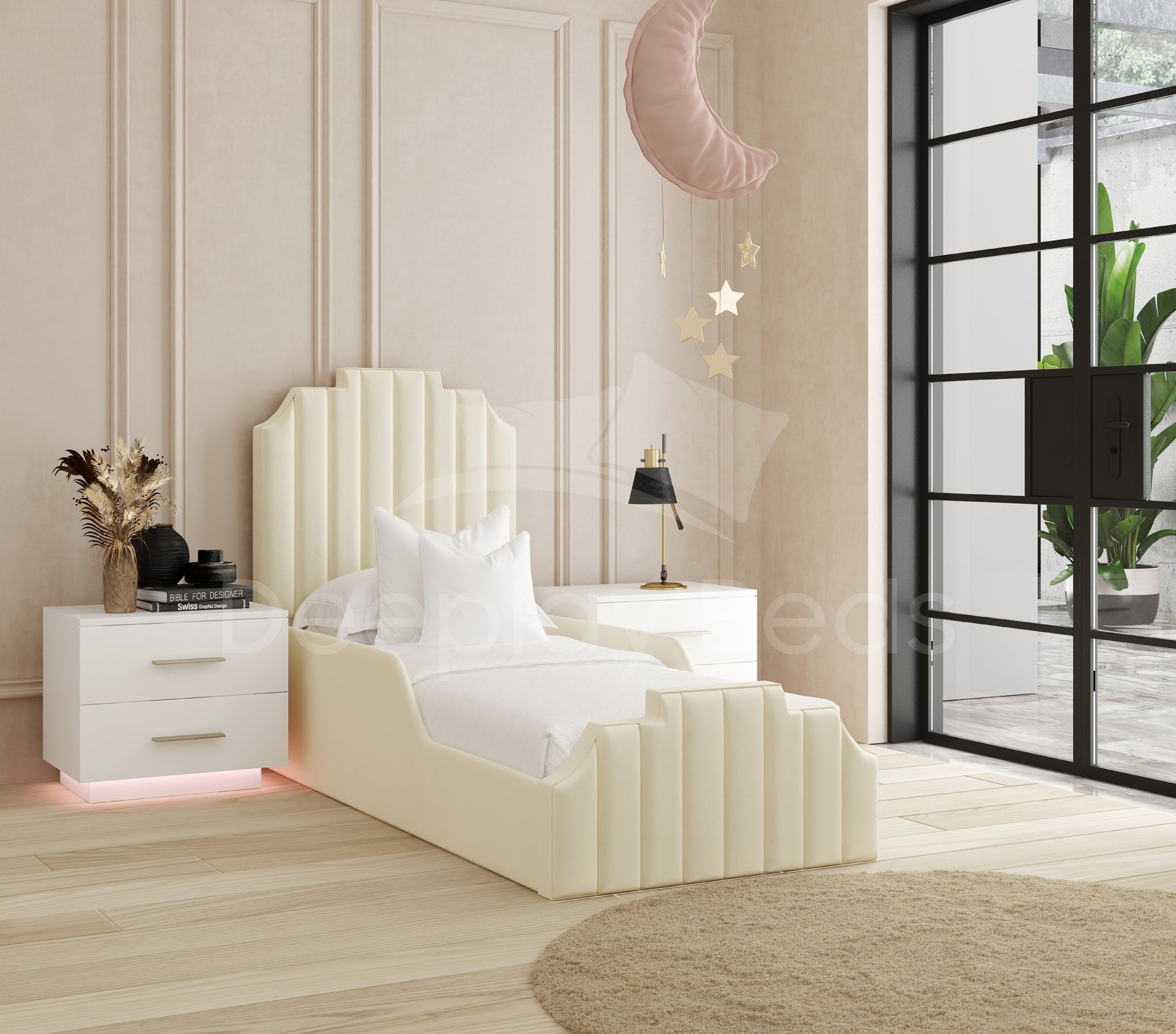 Harold beige upholstered kids bed frame with mountain style headboard and free 8 inch mattress.