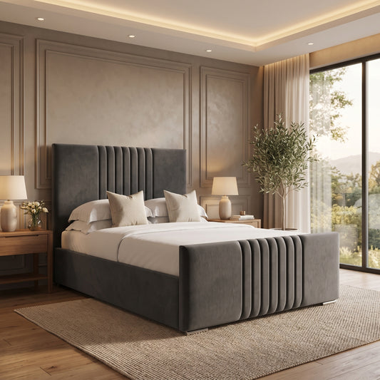 Milan Grey Plush Upholstered Ottoman Storage Bed Frame with Tall Headboard