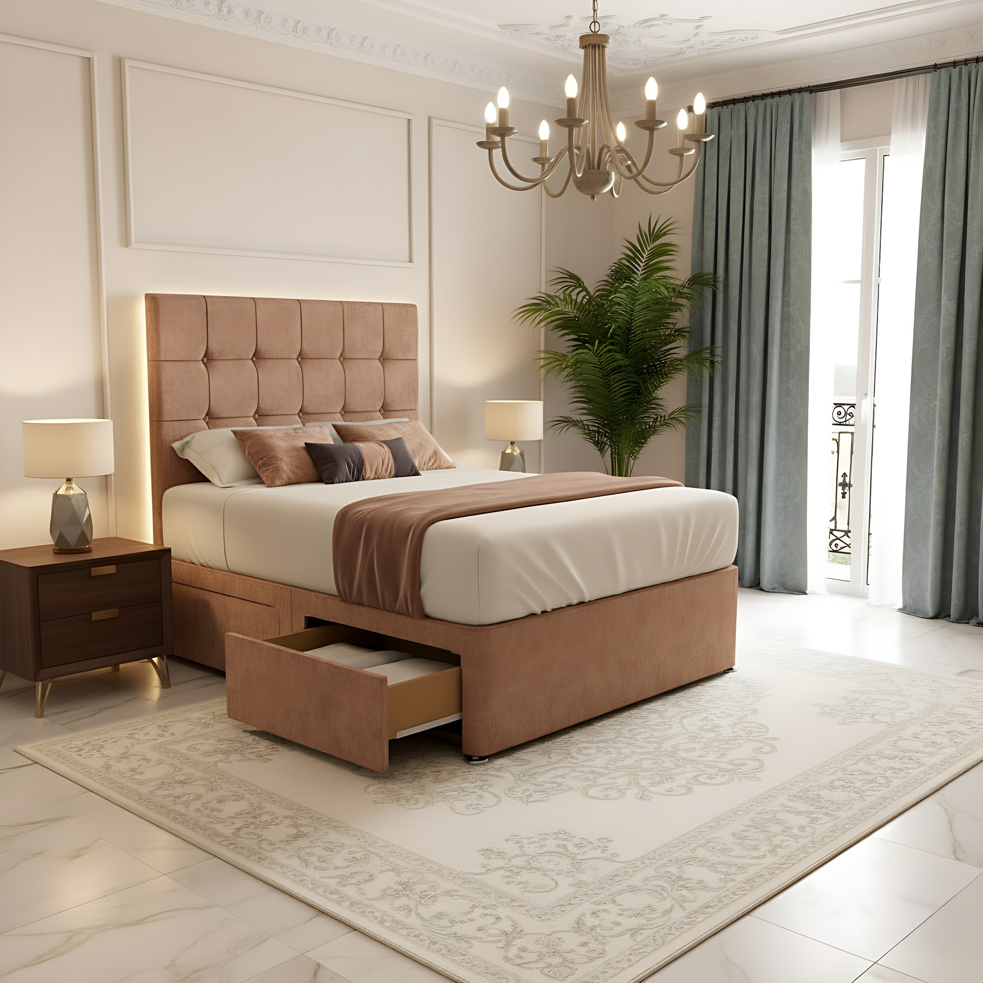 Modern bedroom with a brown upholstered bed, nightstands, and a chandelier.