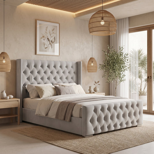 Newcastle Grey Chesterfield Wingback High Headboard Bed with Storage