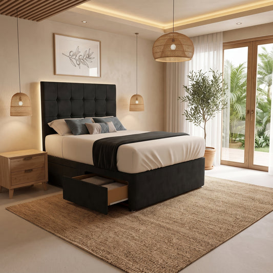 Oslo Modern Panel High Headboard Divan Drawer Storage Bed Frame