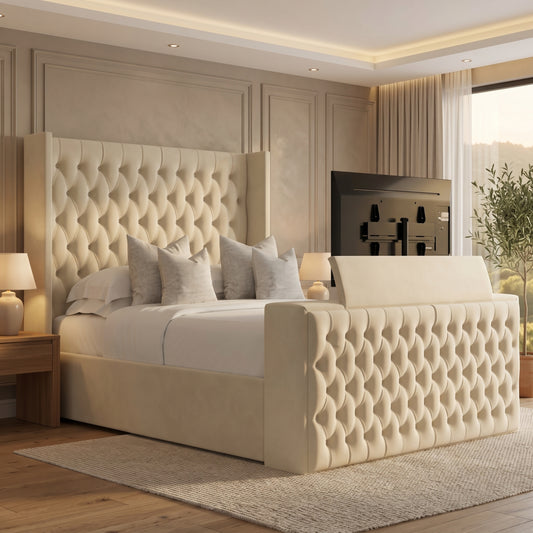 Oxford Chesterfield Wingback High Headboard TV Bed Frame – Cream