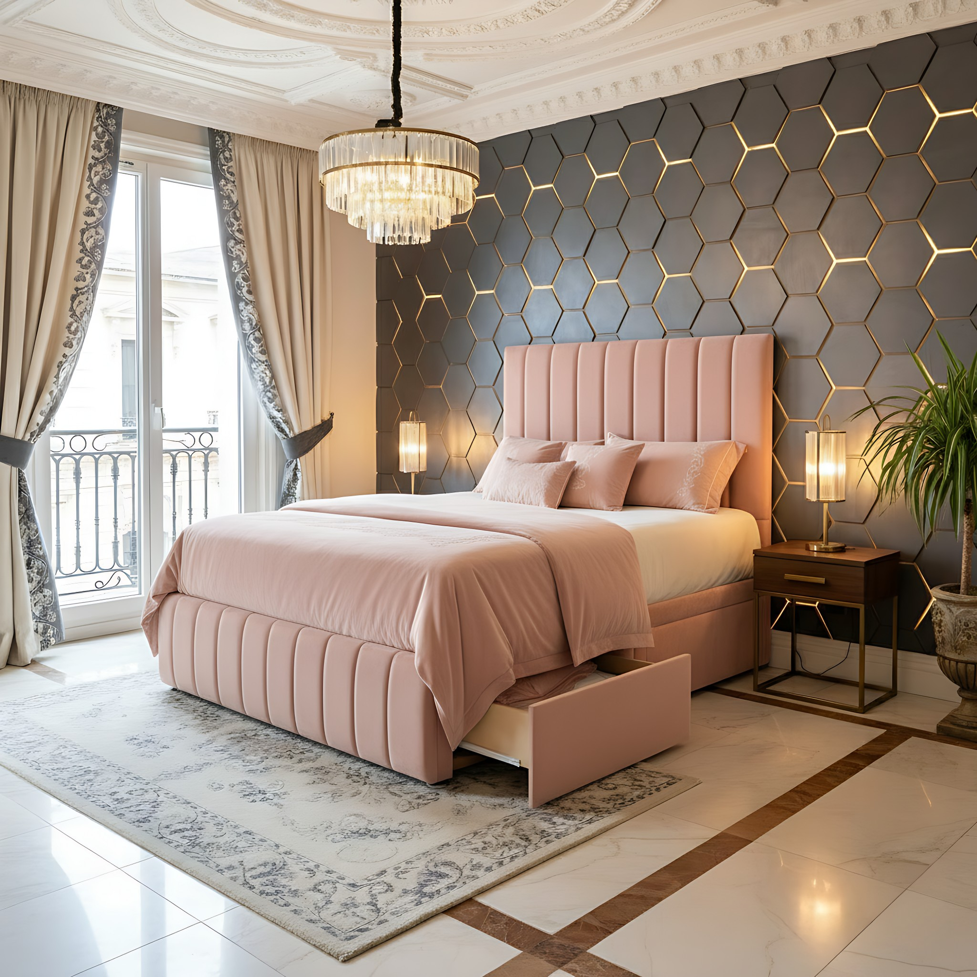 Luxurious bedroom with pink bed, hexagonal wall design, and chandelier.