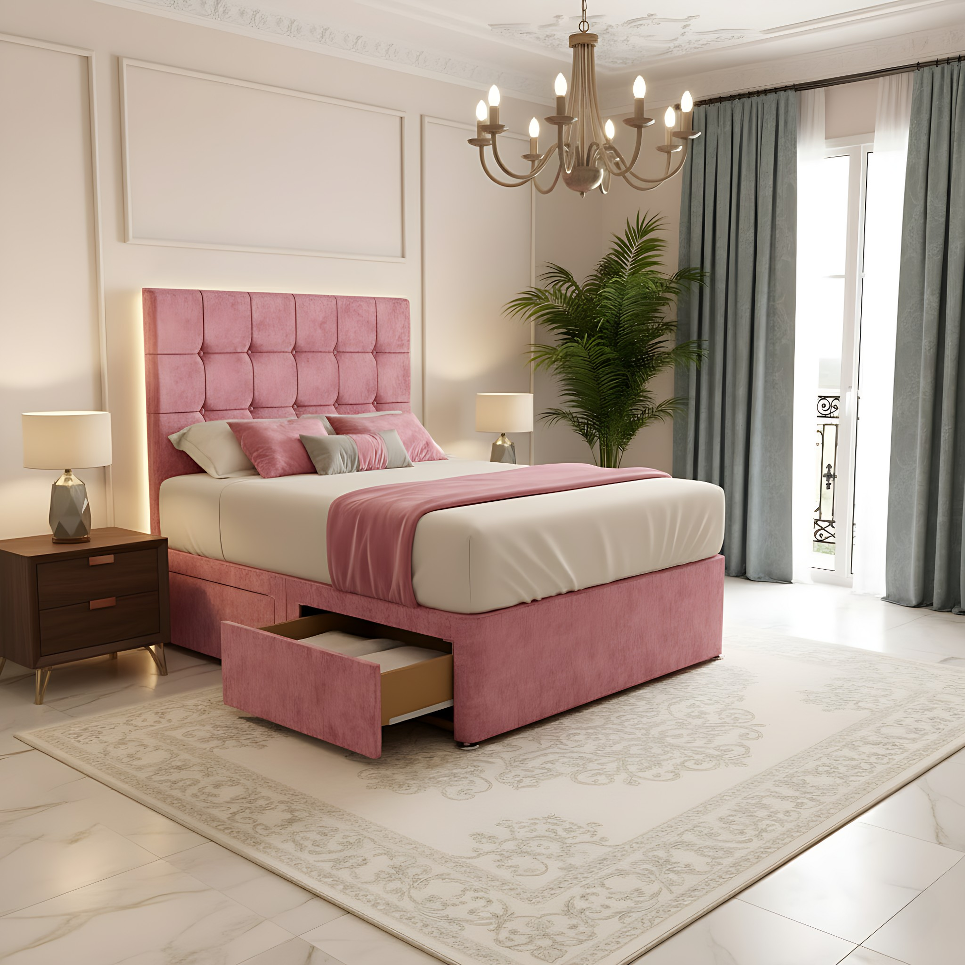 Pink upholstered bed in a stylish bedroom with a chandelier and large windows.
