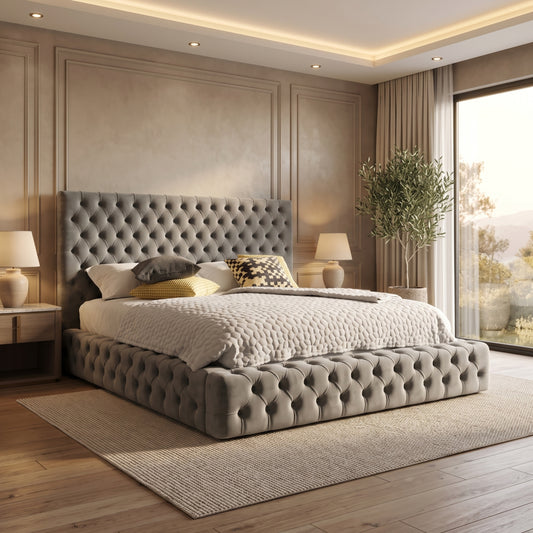 Plymouth Chesterfield High Headboard Ottoman Storage Bed Frame – Grey