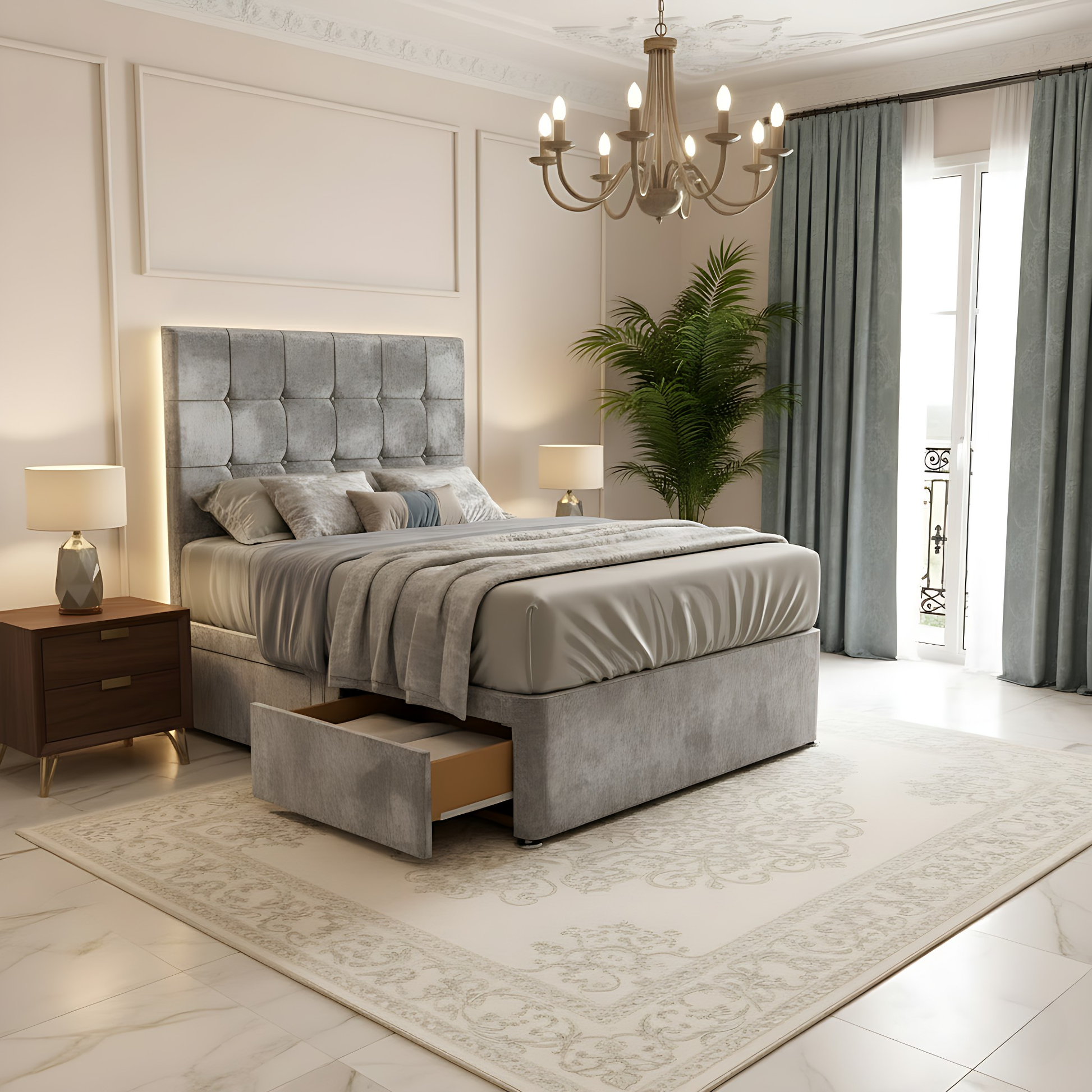 Modern bedroom with gray upholstered bed, nightstands, and a chandelier.