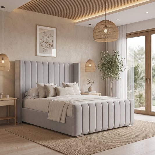 Staffordshire Wingback High Headboard Upholstered Storage Bed – Silver