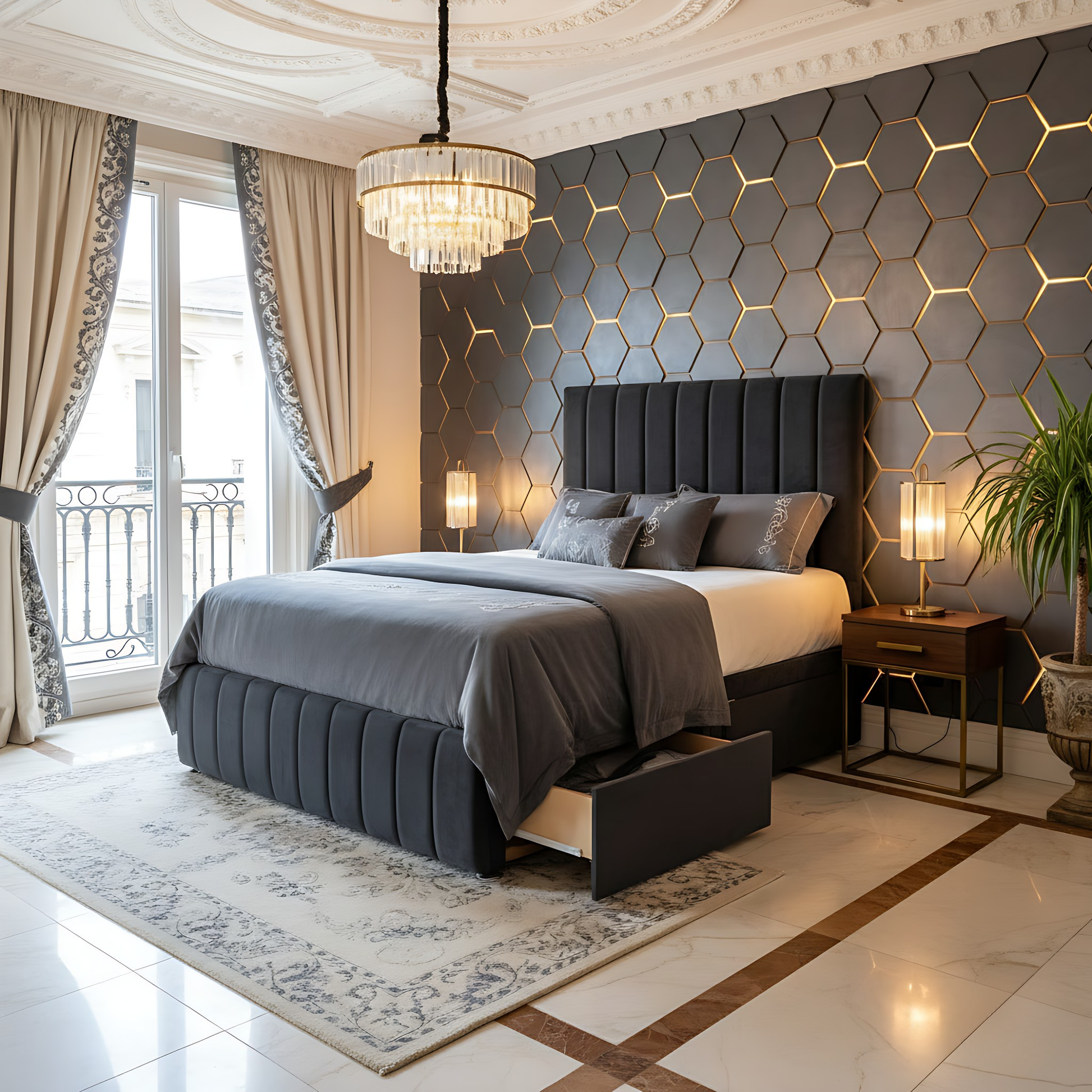 Modern bedroom with hexagonal wall design, bed, and decorative elements.